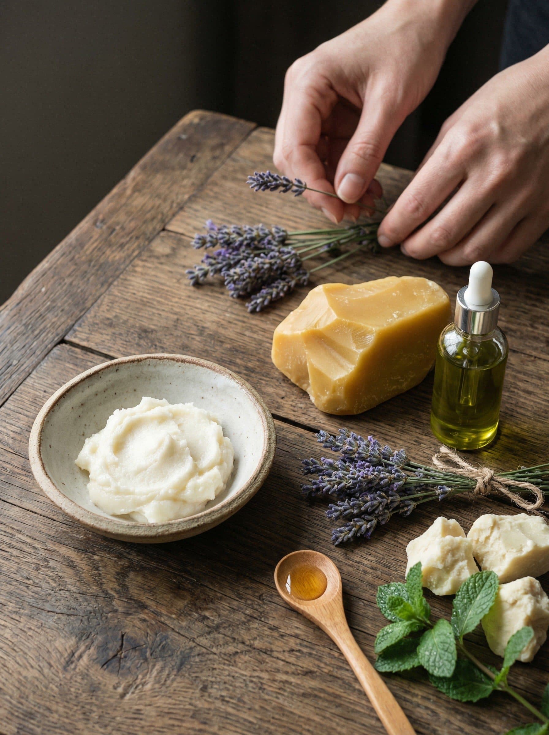 Botanical ingredients arranged on natural surface