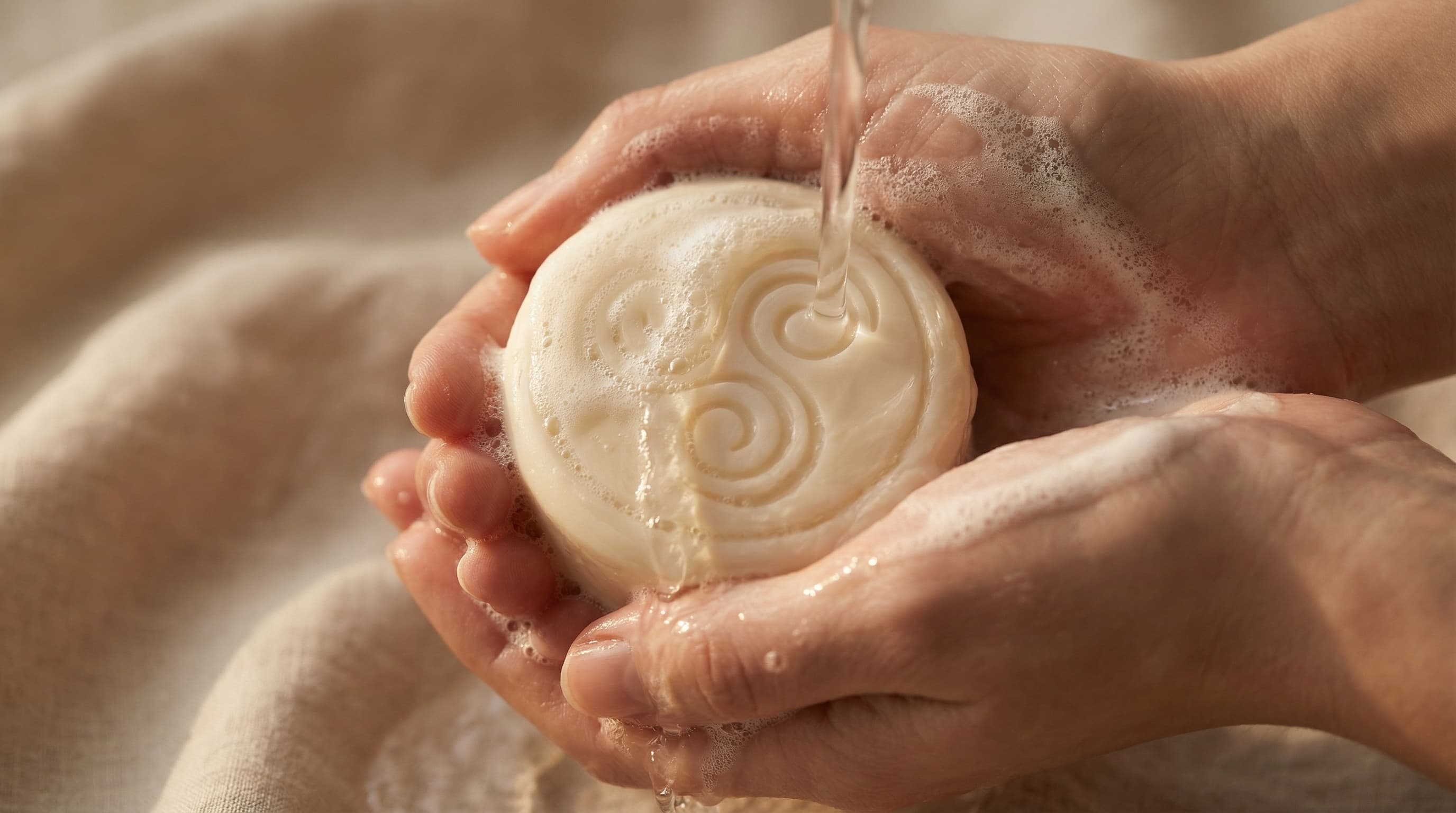 Hands building a rich lather with a Celtic Dawn soap bar under warm running water