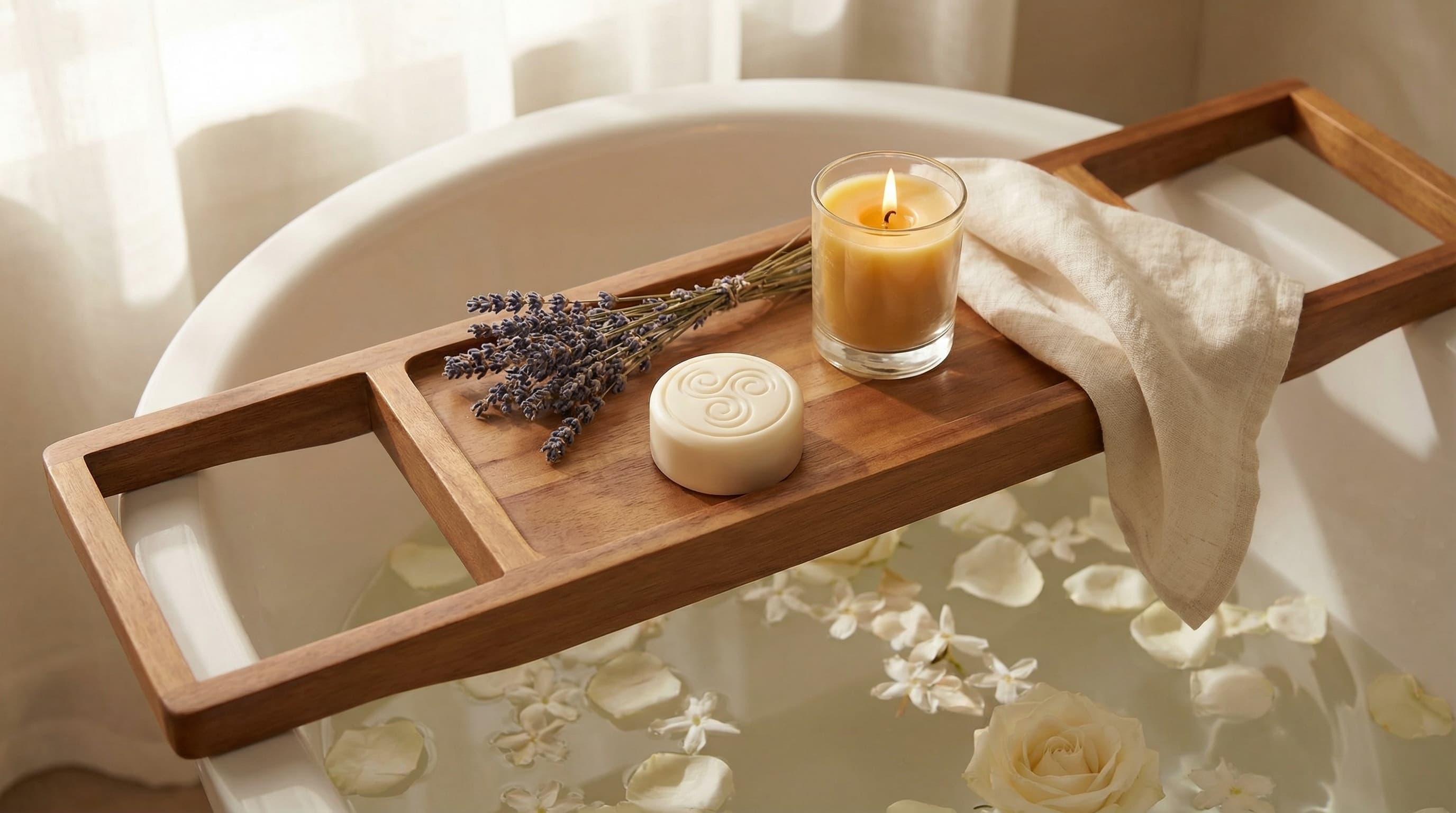 Celtic Dawn soap bar with triskelion on a wooden bath tray with lavender and candle