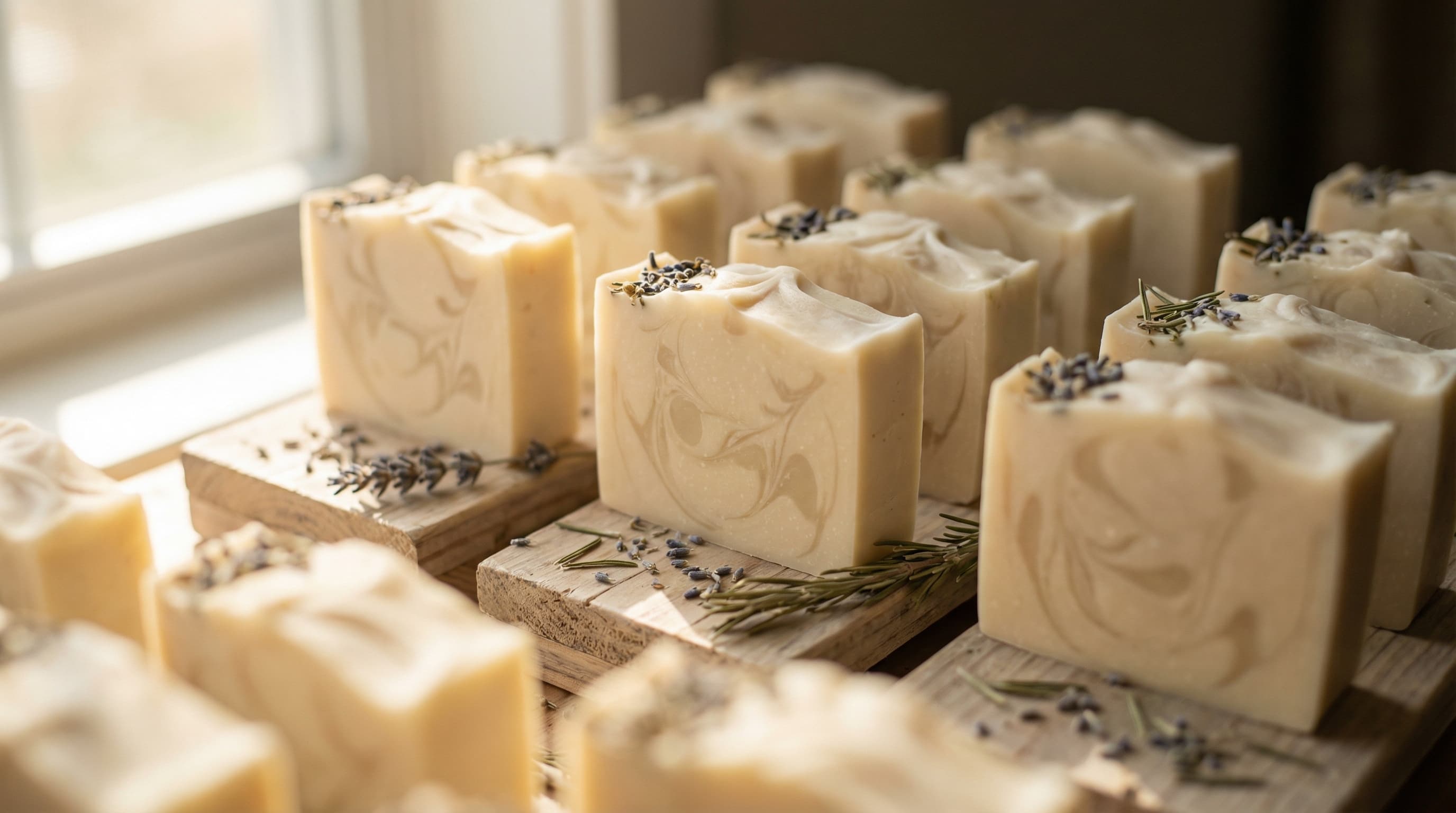 Rows of freshly cut Celtic Dawn soap bars arranged on a wooden curing rack, showing natural colour variations