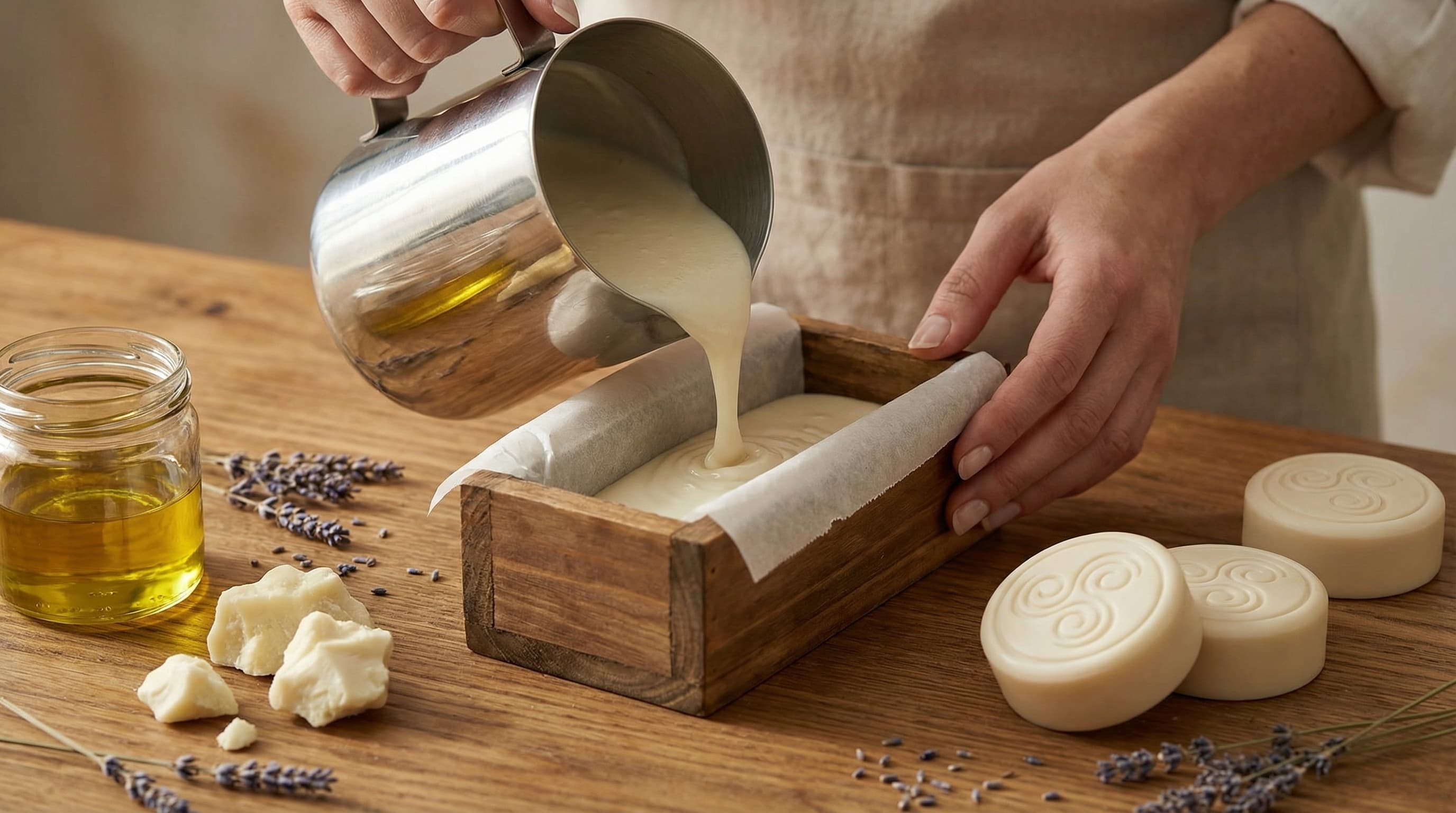 Artisan pouring cold-process soap mixture into wooden mould with finished Celtic Dawn bars nearby
