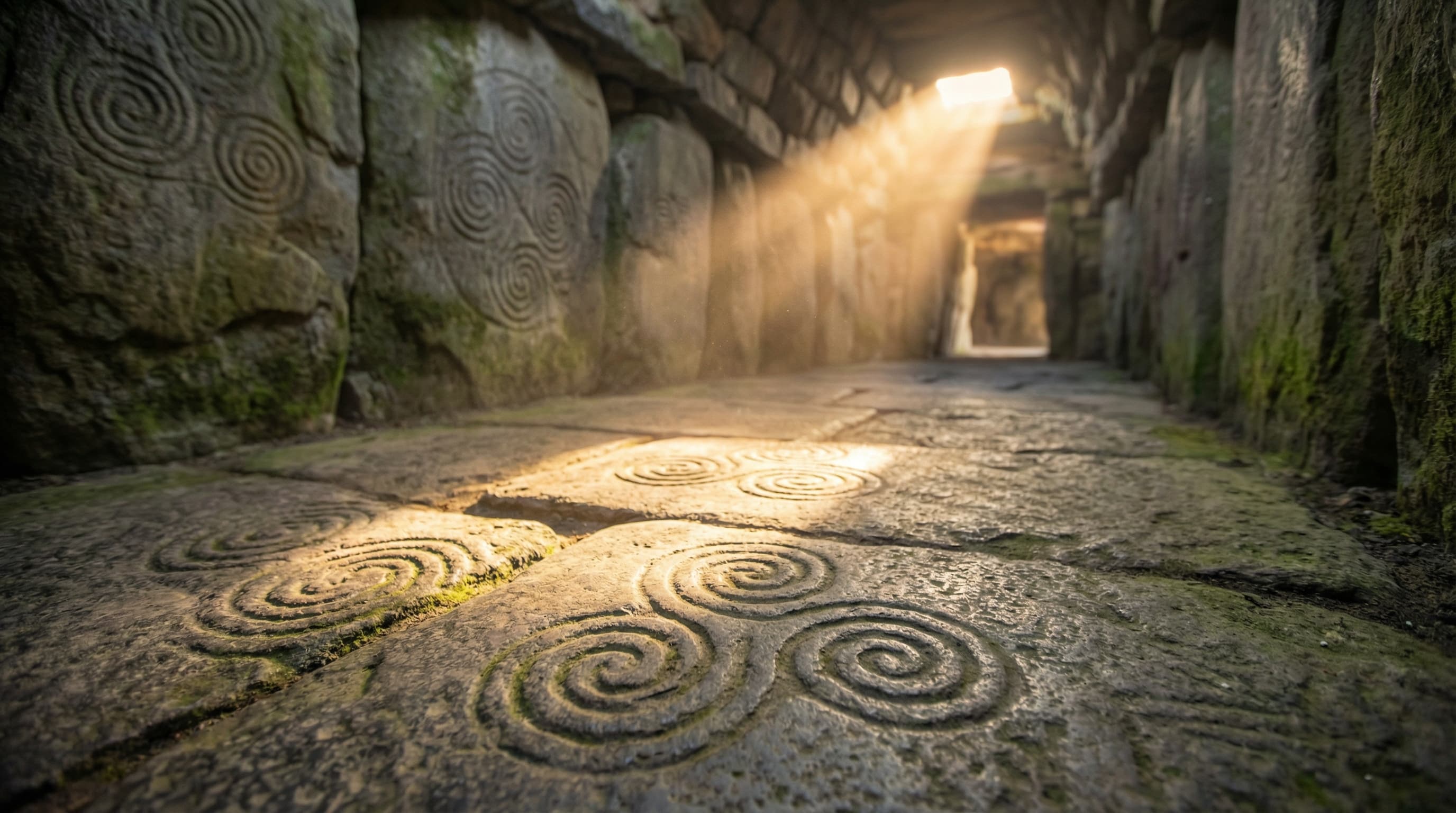 Close-up of a carved triple spiral detail showing the flowing lines and ancient craftsmanship of the triskelion motif