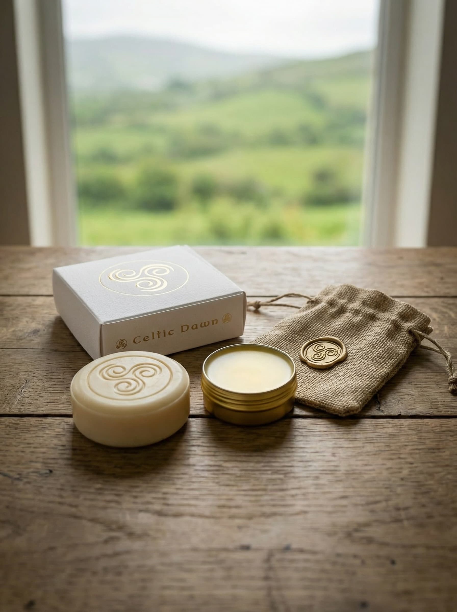 Celtic Dawn collection — tallow bar, balm tin, and gift box on oak table with Irish hills